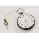 A Victorian silver pocket watch, the round white enamel dial with black Arabic numerals and