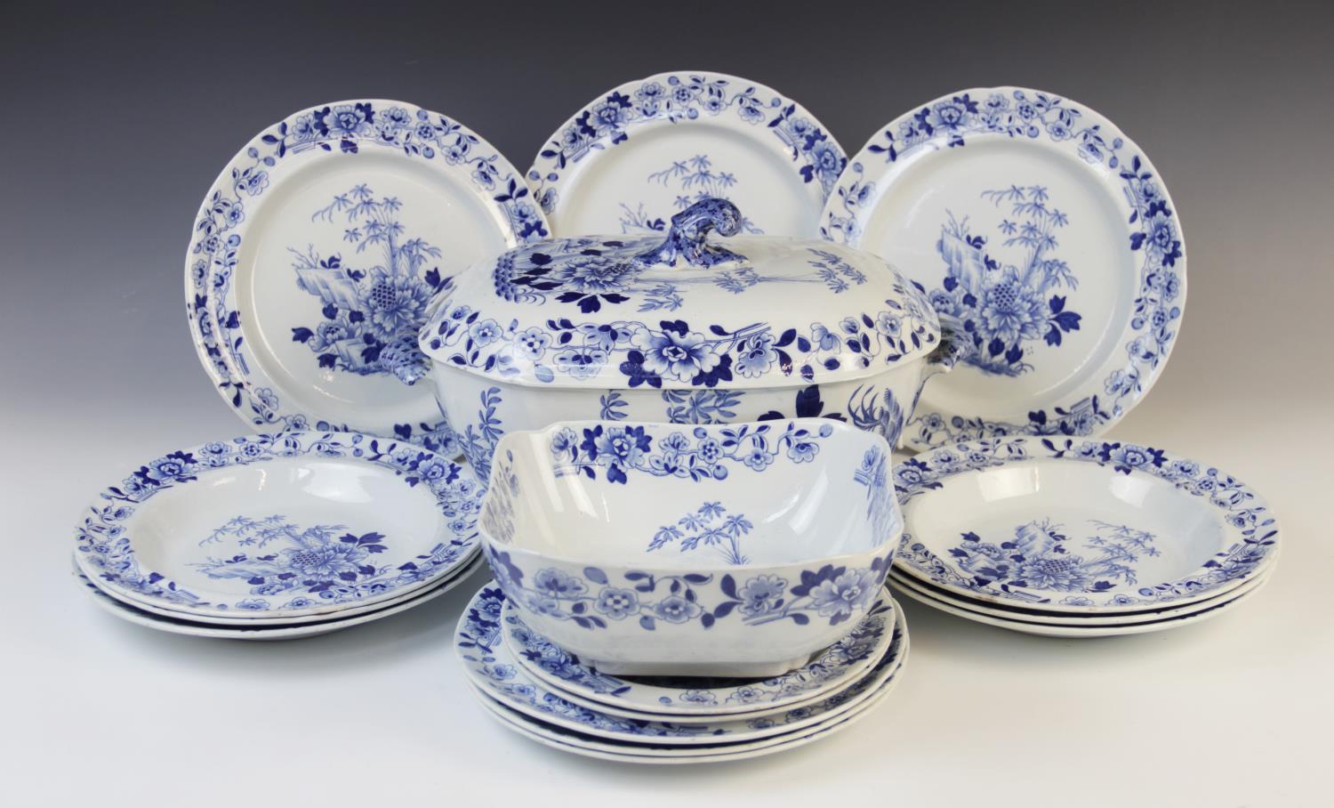 A selection of Roger's blue and white dinner wares, 19th century, each decorated with a central - Image 2 of 10