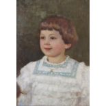 English school (20th century), Portrait of a young girl with short hair and white dress,
