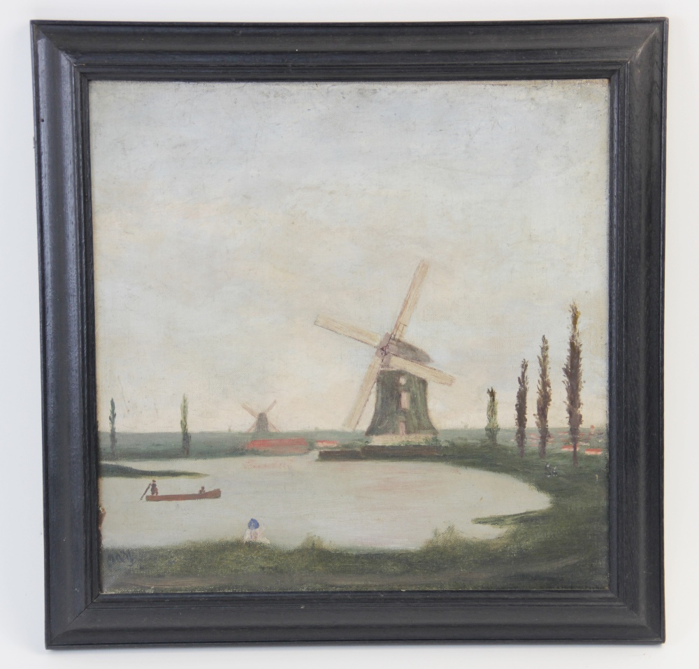 English School (early 20th century), A landscape with lake and windmills, Oil on canvas,