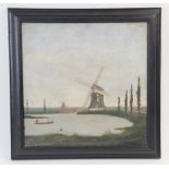 English School (early 20th century), A landscape with lake and windmills, Oil on canvas,