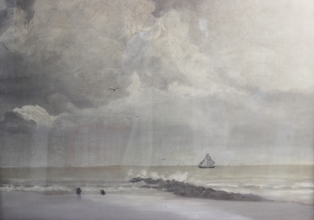 English school (early 20th century), A coastal scene with yacht and figures, Oil on canvas,