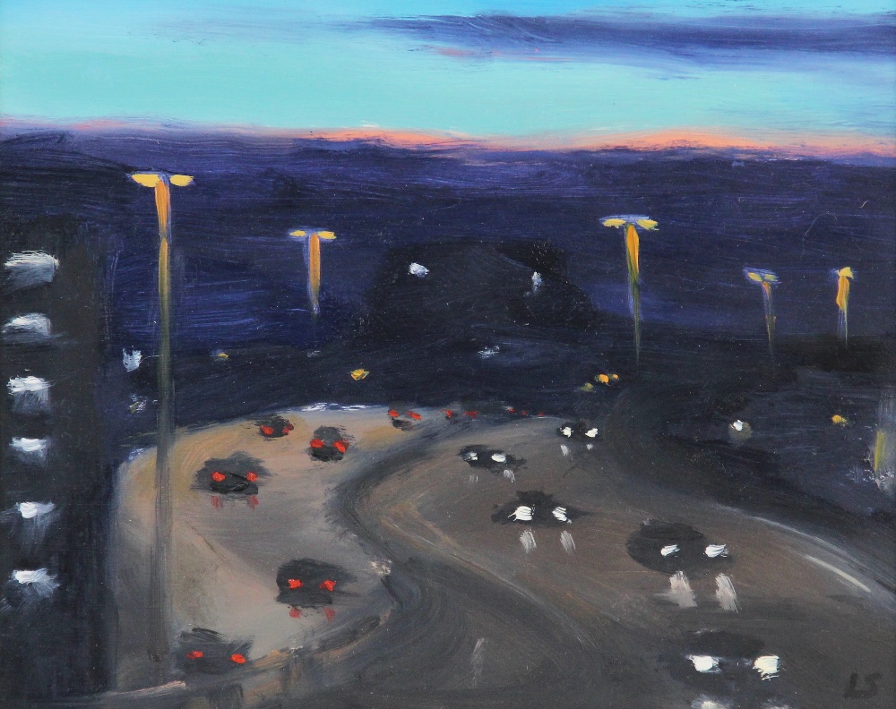 Liam Spencer (Contemporary British, b1964), Motorway traffic under street lamps at sunset, Oil on