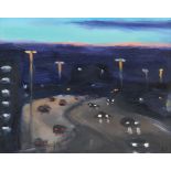 Liam Spencer (Contemporary British, b1964), Motorway traffic under street lamps at sunset, Oil on