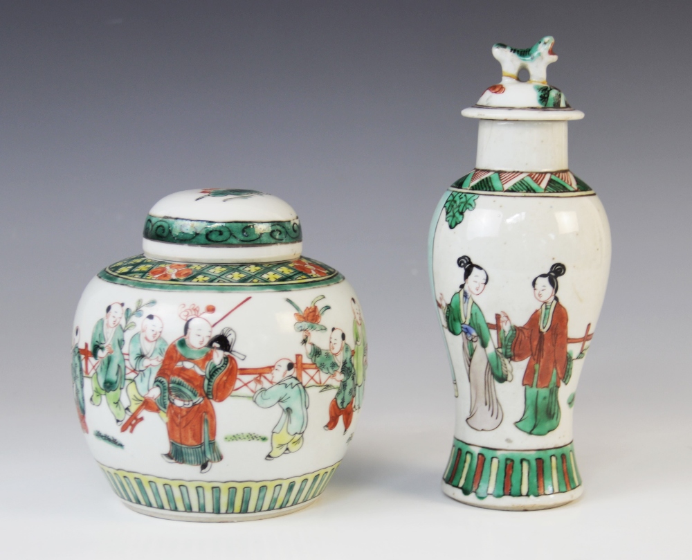 A Chinese porcelain famille verte vase and cover, 19th century, of baluster form, 21cm high, with - Bild 2 aus 9