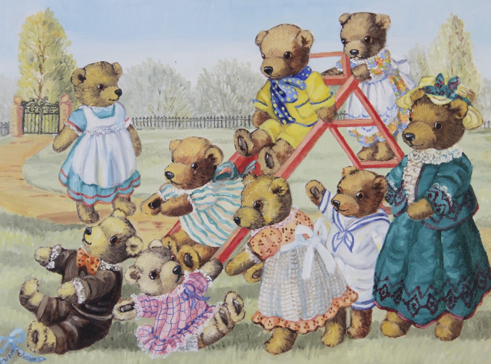 Doreen Edmond (British, 20th Century), Teddy bears in the park, Oil on canvas, Signed lower left, - Bild 2 aus 3