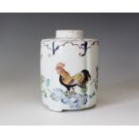 A Chinese cockerel porcelain tea caddy, Yongzheng (1723-1725), the circular shaped caddy with