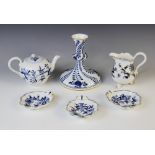 A selection of Meissen Onion pattern porcelain, comprising; three shell shaped salts, 10.5cm long, a