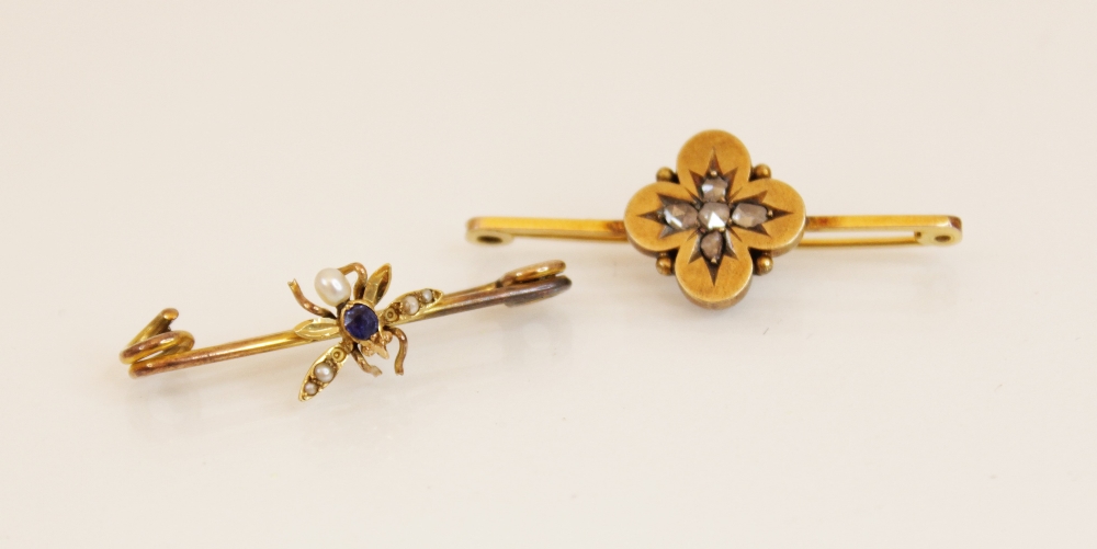 A sapphire and pearl insect bar brooch, the yellow gold body with a mixed cut sapphire set to the - Image 2 of 2