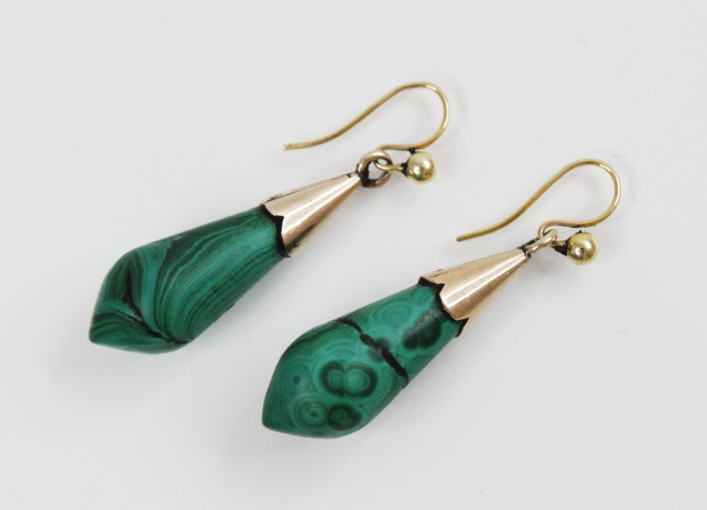 A pair of Victorian malachite drop earrings, each designed as a torpedo shaped dropper set to