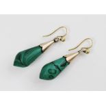 A pair of Victorian malachite drop earrings, each designed as a torpedo shaped dropper set to