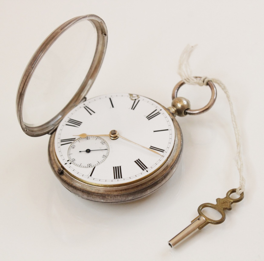 A Victorian silver pocket watch, the round white enamel dial with black Arabic numerals and - Image 3 of 5