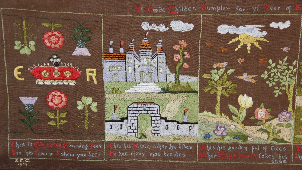 An Edwardian needlework sampler dated 1902, commemorating the coronation of Edward VIII, beaded - Image 3 of 3