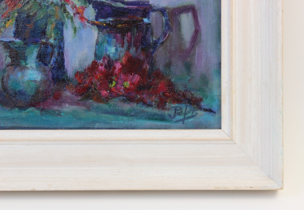 English school, 20th century, Two floral still lives, Oil on board, Each indistinctly signed, 50cm x - Bild 7 aus 7