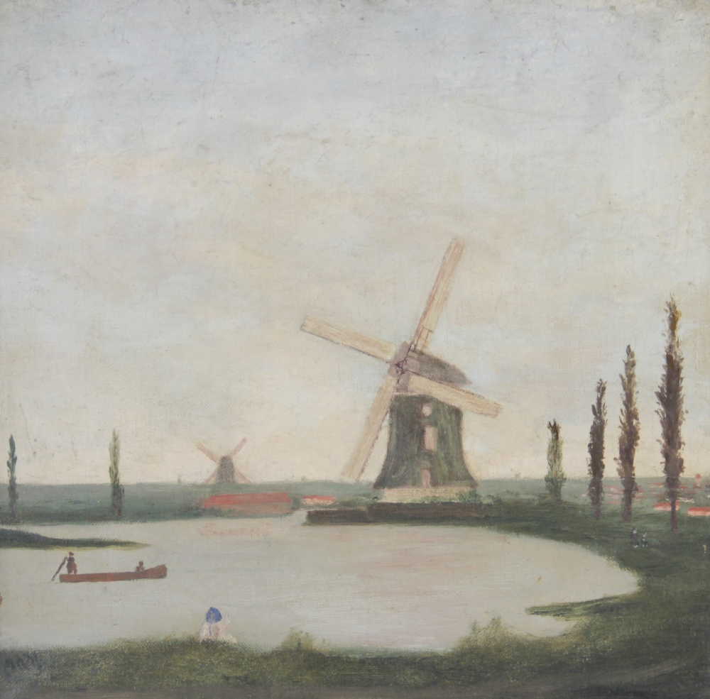 English School (early 20th century), A landscape with lake and windmills, Oil on canvas, - Bild 2 aus 3
