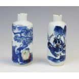 Two Chinese porcelain blue and white snuff bottles, Kangxi (1661-1722), each of cylindrical form and