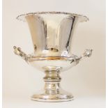 A silver plated twin-handled campana wine cooler, with cast grape and vine rim on domed circular