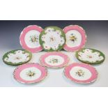 Five Coalport porcelain cabinet plates, 19th century, each with shaped rim, apple green ground and