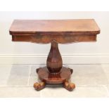 A William IV mahogany pedestal tea table, the rectangular hinged top with rounded front corners,