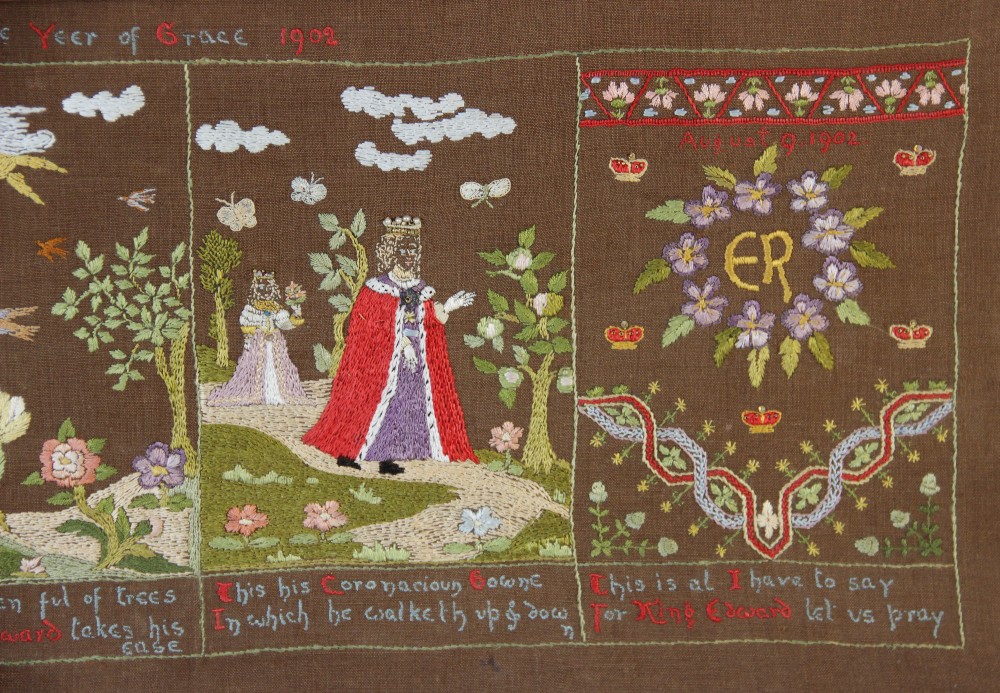 An Edwardian needlework sampler dated 1902, commemorating the coronation of Edward VIII, beaded - Image 2 of 3