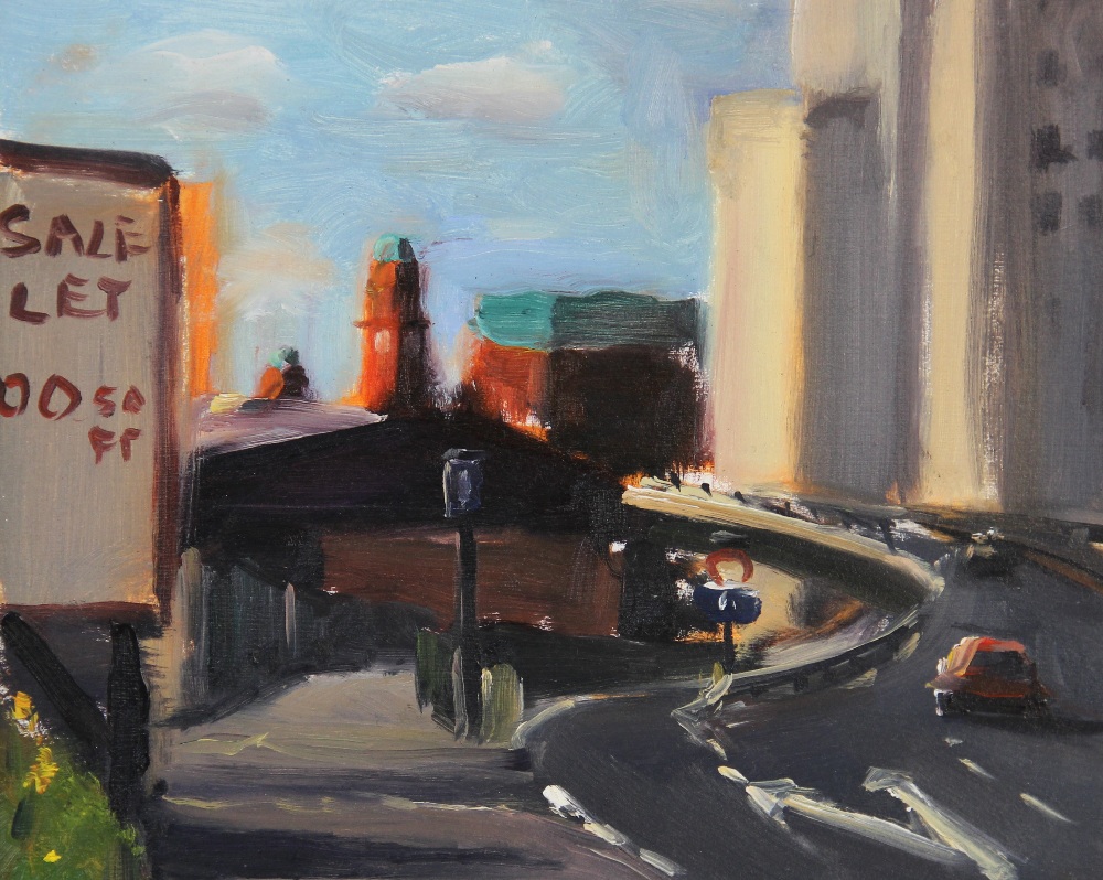 Liam Spencer (Contemporary British, b1964), 'Mancunian Way + Refuge Tower' (1997), Oil on board,