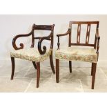A Regency mahogany elbow chair, with a rope twist rail above a stuff over seat, enclosed by down