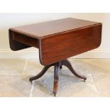 A mid 19th century mahogany pedestal Pembroke table, the rectangular thumb moulded drop leaf top