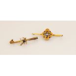 A sapphire and pearl insect bar brooch, the yellow gold body with a mixed cut sapphire set to the