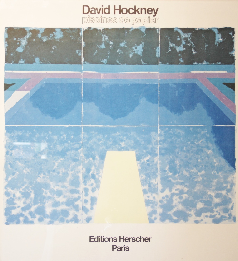A David Hockney exhibition poster for 'Piscines de Papier' held at ...