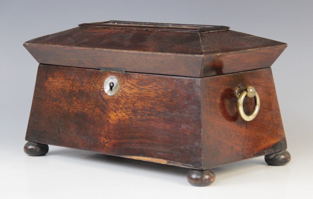 A William IV walnut tea caddy, early 19th century, of sarcophagus form on bun feet with drop ring - Image 3 of 4