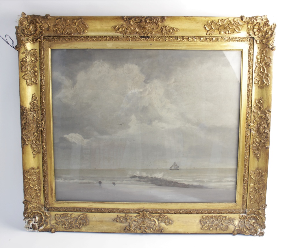 English school (early 20th century), A coastal scene with yacht and figures, Oil on canvas, - Bild 2 aus 6