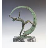 After Max Le Verrier (1891-1973), a bronze Verdigris danseuse au ruban titled 'Janle', signed to