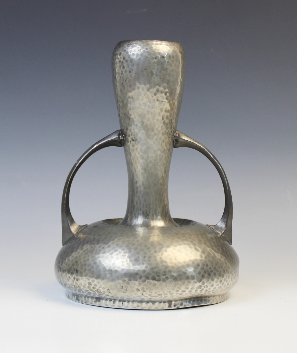 An Art Nouveau pewter vase from the 'Homeland' range by Walker & Co, the hammered body of gourd form - Image 2 of 4