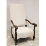 A Carolean style open armchair, late 19th/early 20th century, the rectangular high padded back