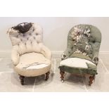 A Victorian button back low seat chair, the arched back with an iron work frame, above the