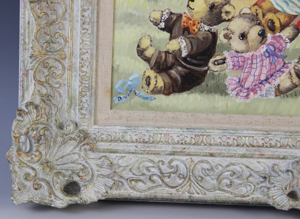 Doreen Edmond (British, 20th Century), Teddy bears in the park, Oil on canvas, Signed lower left, - Bild 3 aus 3