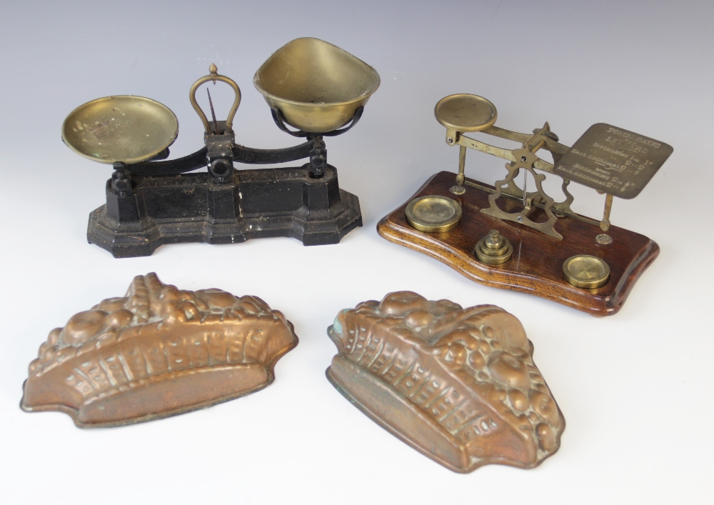 A set of brass postal scales, 20th century, the balance bar stamped 'Warranted Accurate', the