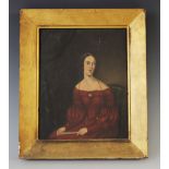 English School (19th century), Naive half length portrait of a lady seated wearing a red dress and