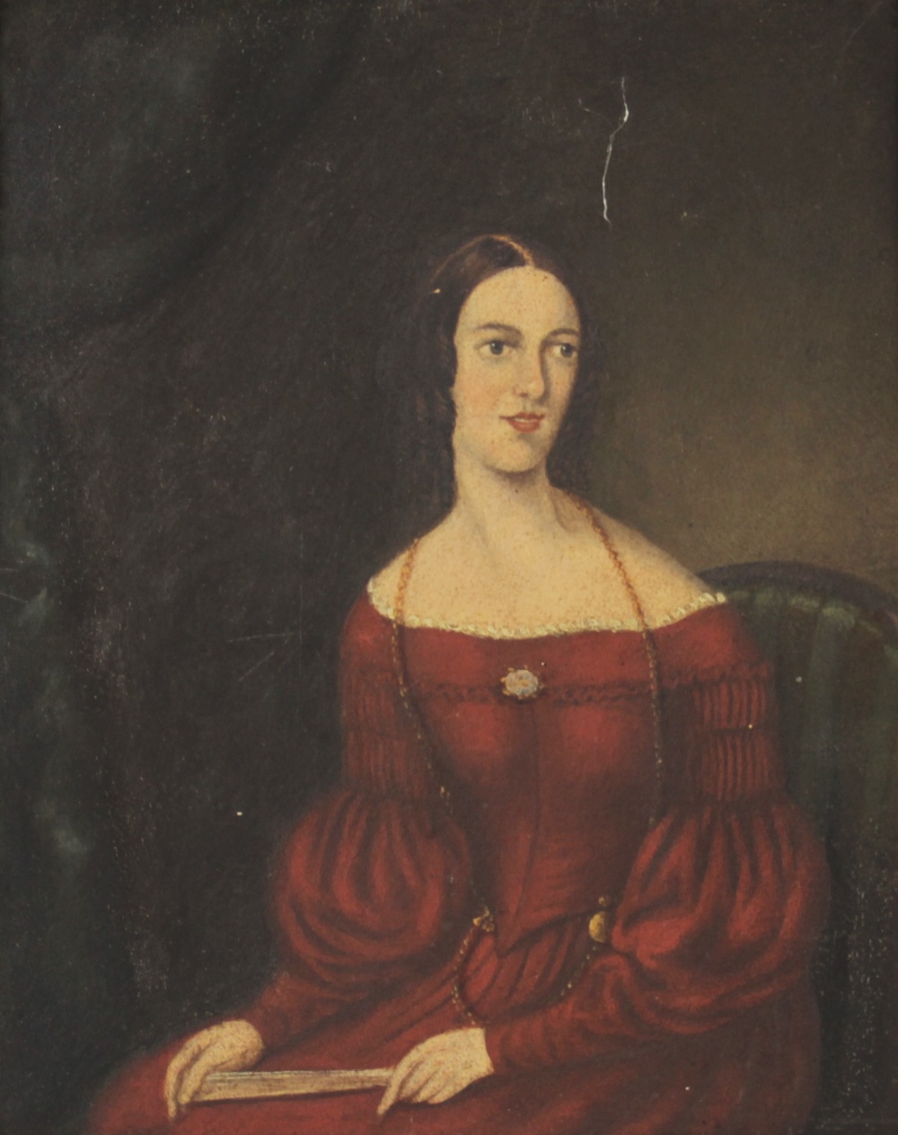 English School (19th century), Naive half length portrait of a lady seated wearing a red dress and - Bild 2 aus 2