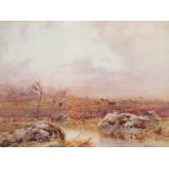 Arthur Henry Enock (Welsh, 1839-1917), A moorland view with cows at dusk, Watercolour on paper,
