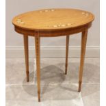 An Edwardian Sheraton revival satinwood occasional table, the oval top painted with rose swags,
