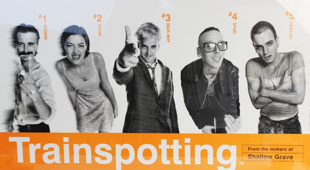 A vintage movie poster for 'Trainspotting' (1996) starring Ewan McGregor, printed by GB Posters,