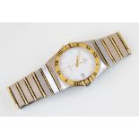 A gentleman's Omega Constellation bi-colour stainless steel wristwatch, the white dial with gold-