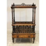 A Victorian burr walnut etagere Canterbury, the quarter veneered rectangular top with an open work