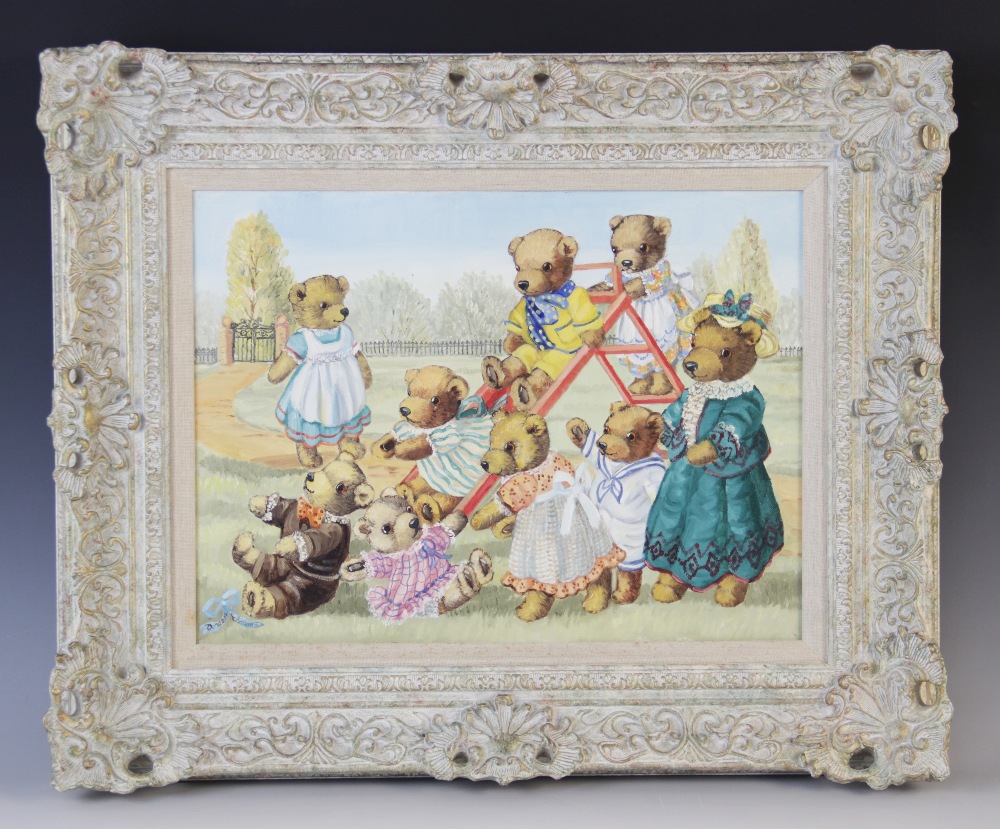 Doreen Edmond (British, 20th Century), Teddy bears in the park, Oil on canvas, Signed lower left,