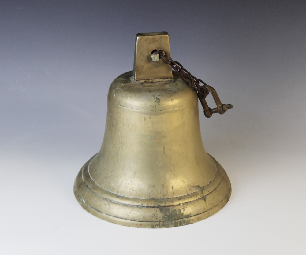 A large bronze ship's bell, of typical form with later hanging chain, lacking clapper, 26.5cm