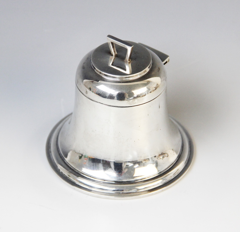 A George VI silver bell-shaped inkwell by A & J Zimmerman Ltd, Birmingham 1938, with hinged cover