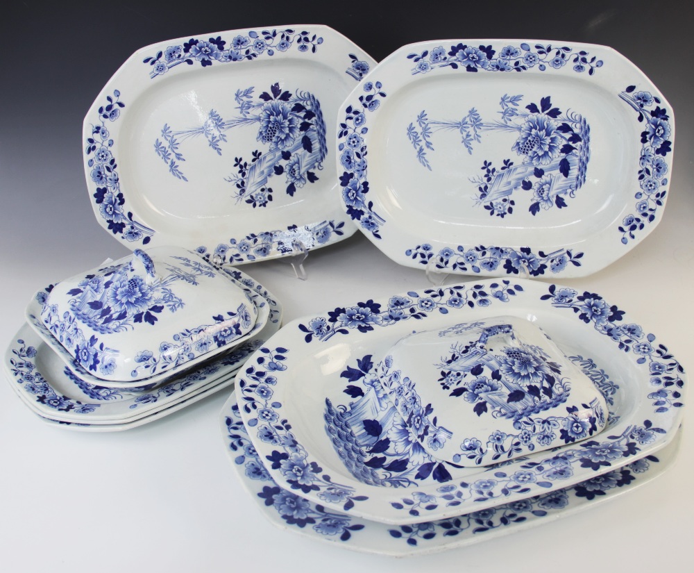 A selection of Roger's blue and white dinner wares, 19th century, each decorated with a central