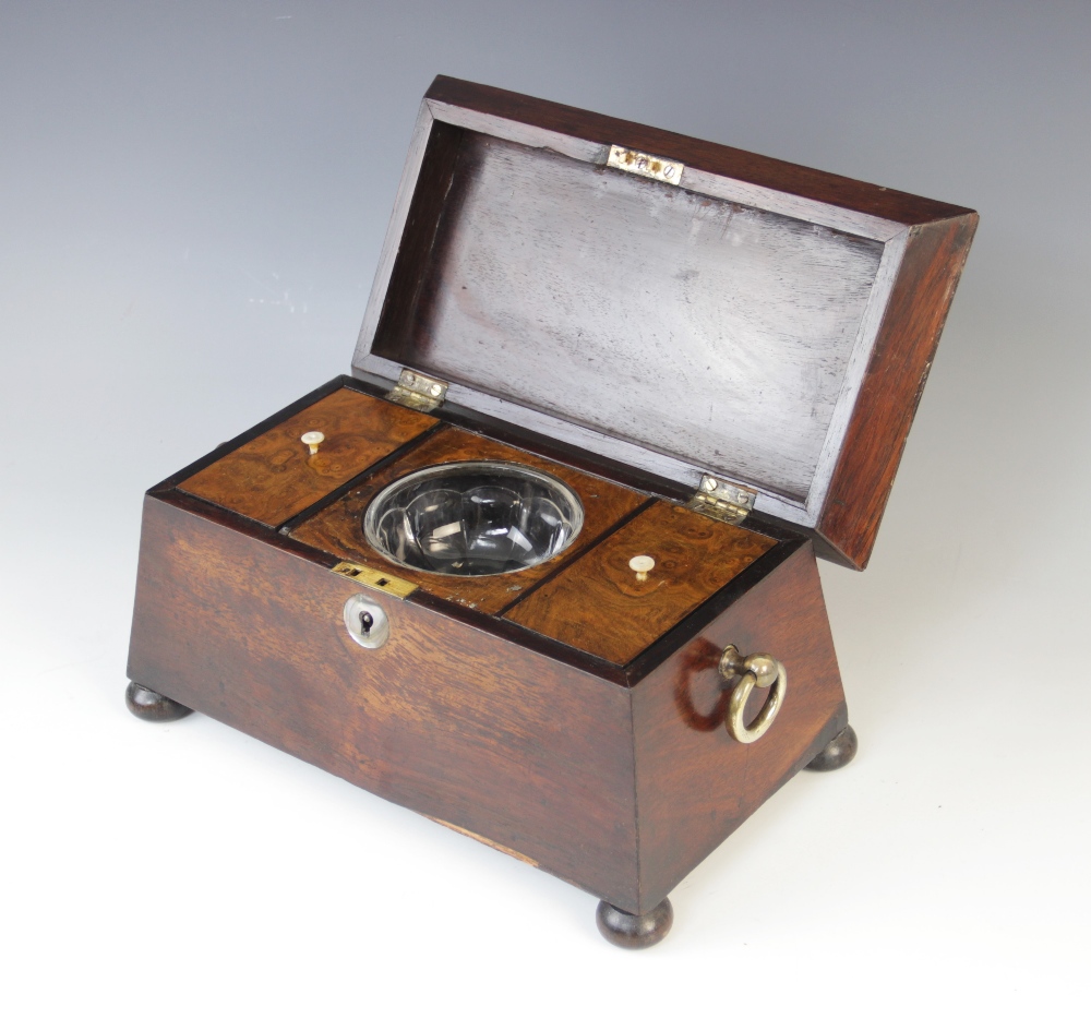 A William IV walnut tea caddy, early 19th century, of sarcophagus form on bun feet with drop ring - Image 4 of 4