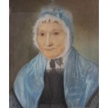 English school (19th century), Portrait of a lady in a blue bonnet, Pastel and pencil on paper,
